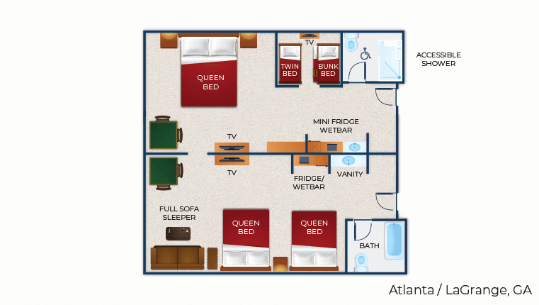 The floor plan for the accessible shower Deluxe KidCabin Suite